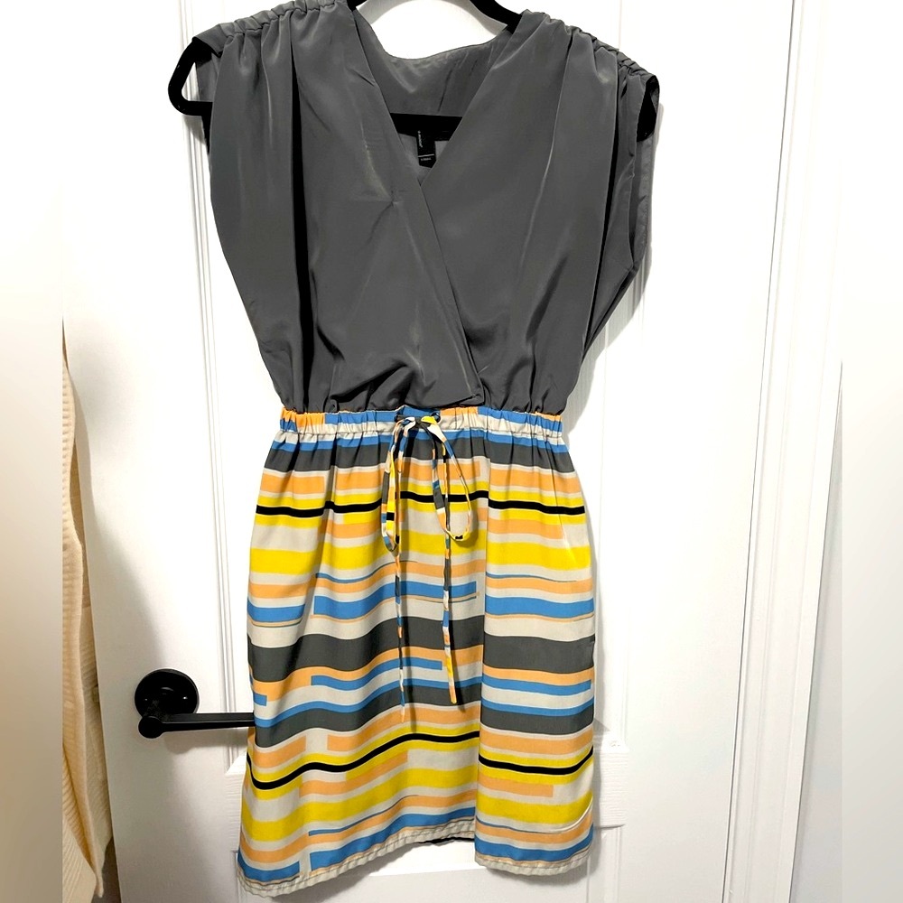 Gray Cap Sleeve dress with yellow, peach and blue stripe’s. Size Small